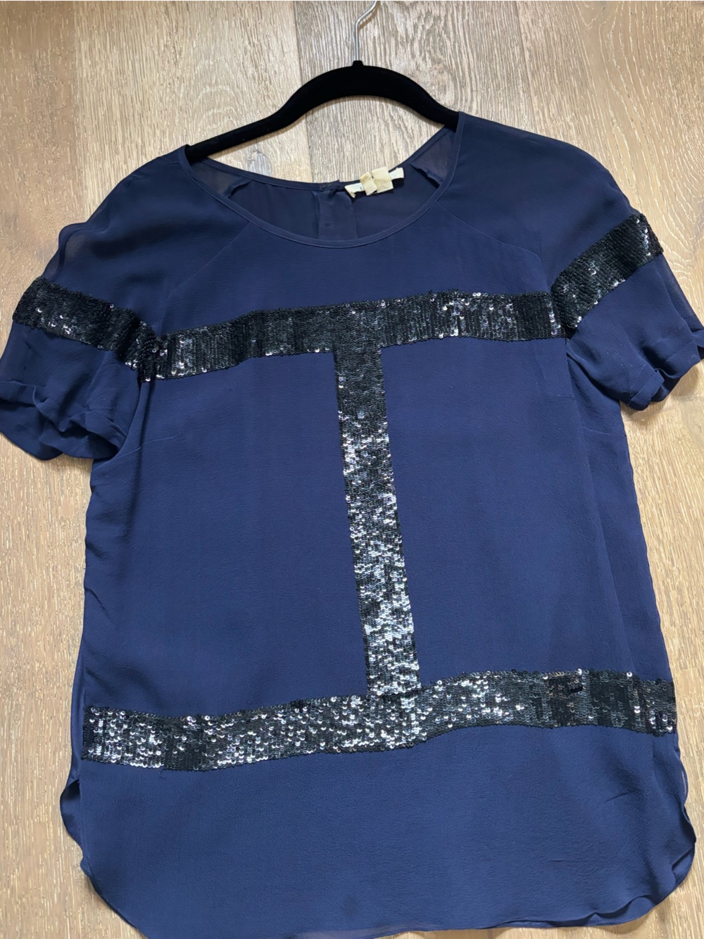 Renzo and Kai Navy Sequin Trim Short Sleeve silk Blouse xs